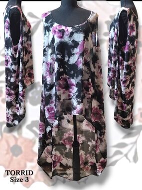 Torrid Sheer Floral Print Cold-Shoulder High-Low Tunic Top Size 3